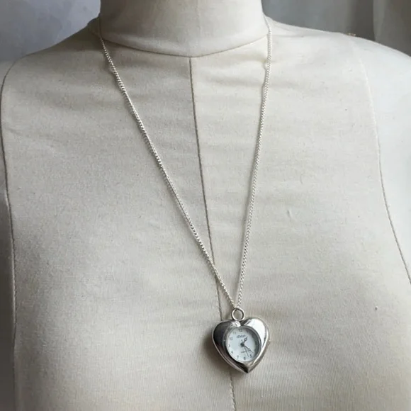 SOLD ❌ American Eagle Silver Heart Shape Watch Pendant Long Chain Necklace - Picture 2 of 2